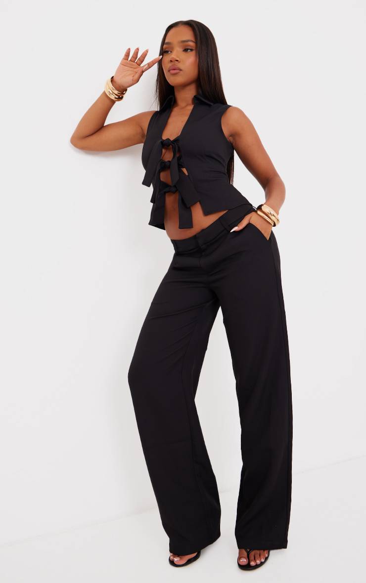 Noir Gilet Sans Manches En Tissu Tissé Avec Nœud Papillon Devant