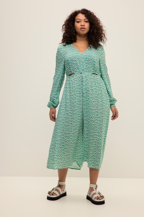 Midikleid, A-Line, V-Ausschnitt, Zierknoten, Langarm