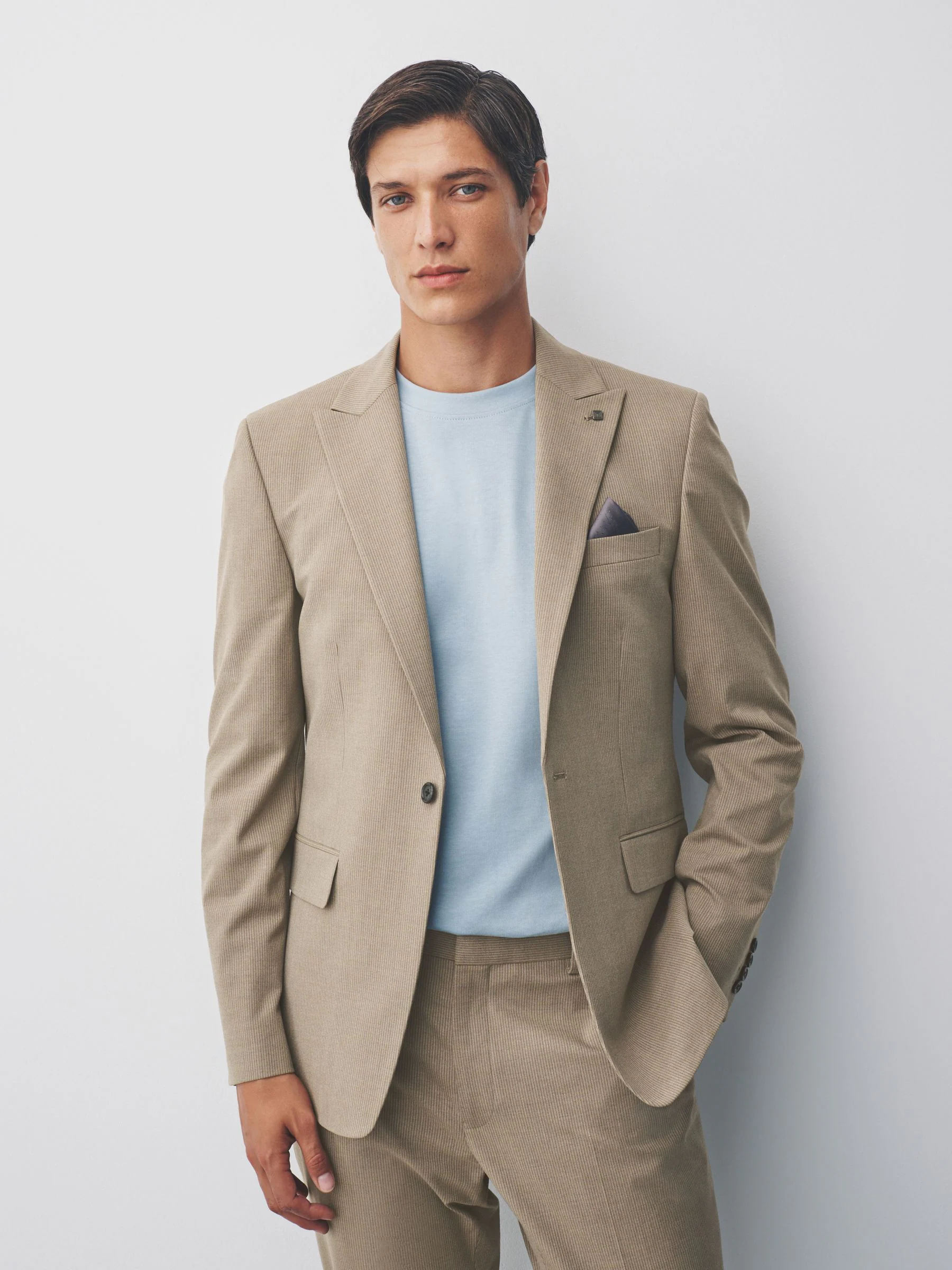 Taupe - Gestreept slim-fit colbert