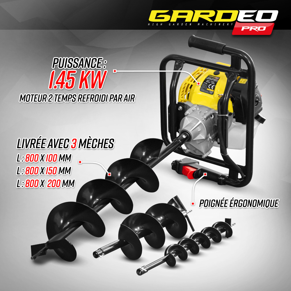 Tarière thermique 52cc + 3 mèches 100 - 150 et 200mm - gardeo