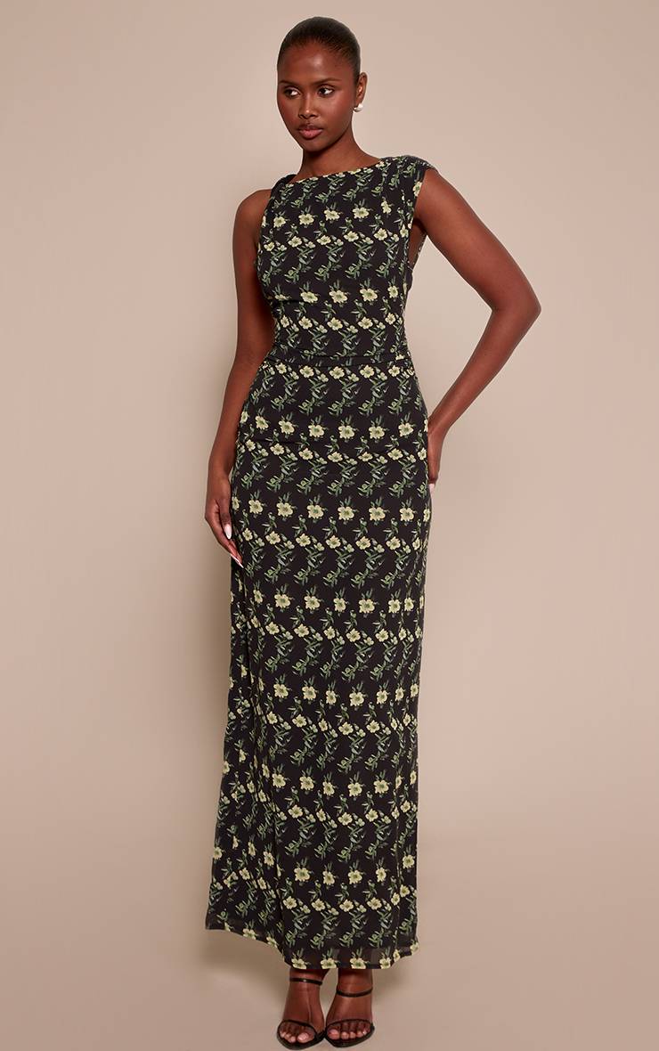 Noir Robe Longue Maxi En Mousseline Fleurie Froncée À Imprimé Floral