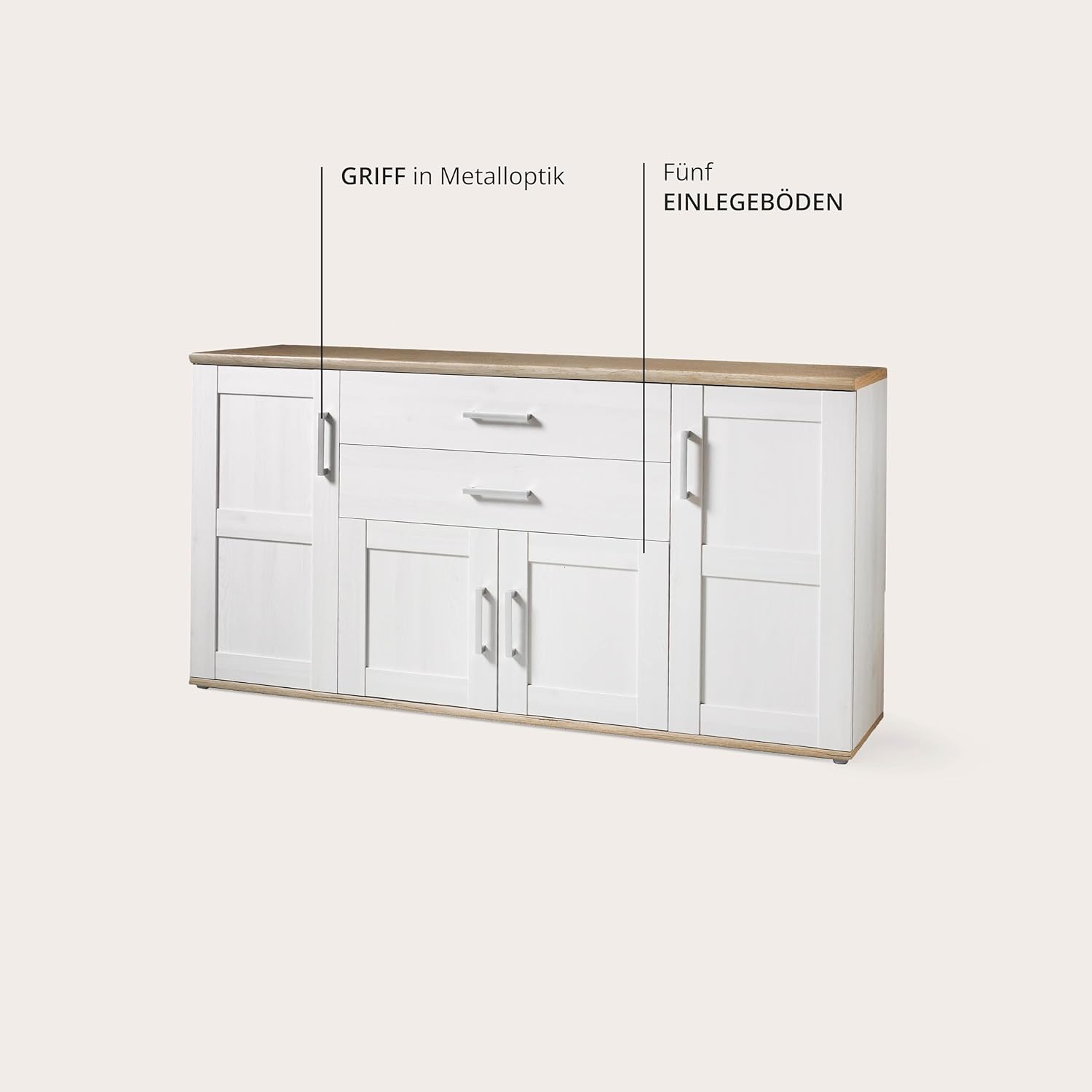 Stella Trading ROMANCE Sideboard in Sibiu Lärche / Eiche San Remo Optik - Landhausstil Kommode mit viel Stauraum für Ihr Wohnzimmer - 186 x 100 x 46 cm (B/H/T)