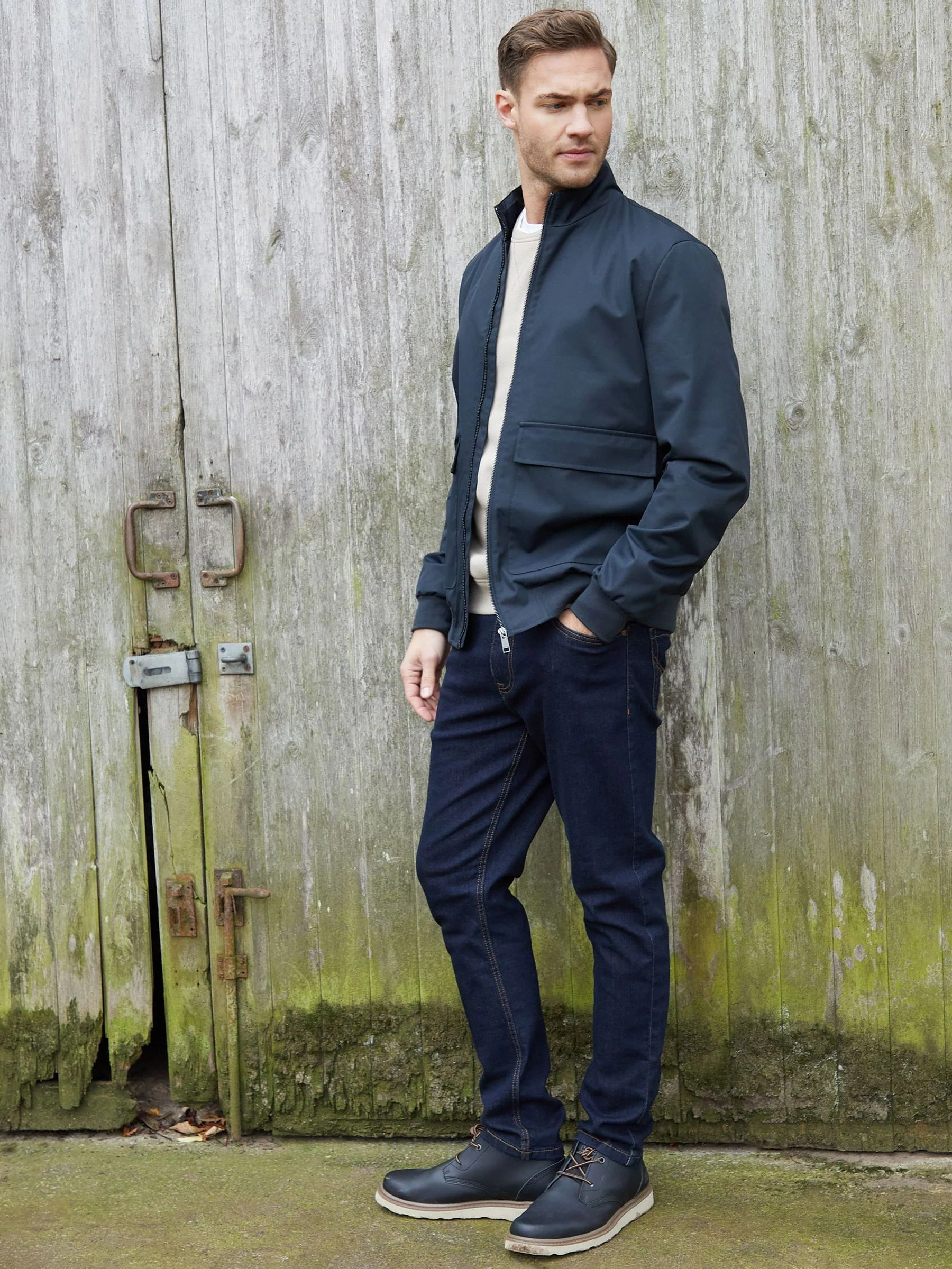 Blauw - Threadbare Patch Pocket Funnel Neck Harrington Style Jacket