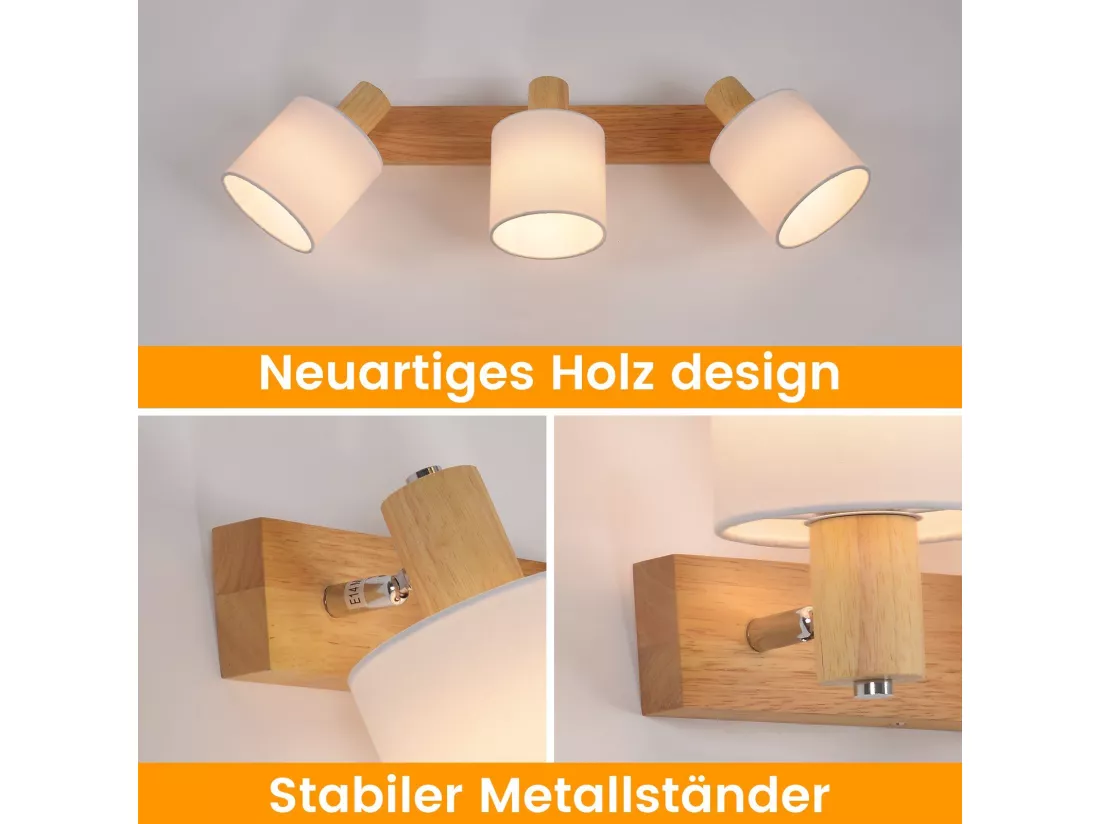 NETTLIFE 3 Spots de Plafond Couloir Mural Moderne en Bois Pivotant à 350°E14 MAX.25W Lampe pour Salon Chambre Cuisine (sans Ampoule)