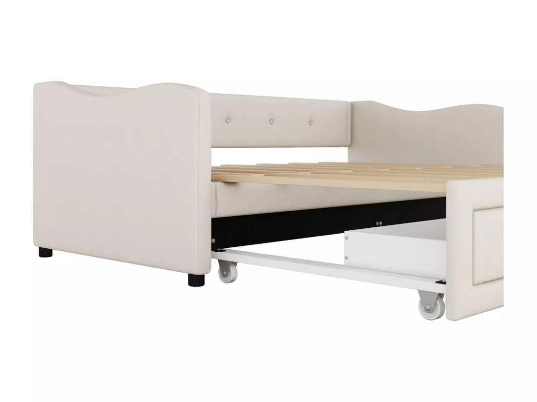 Lit gigogne 90/180x200cm avec 2 tiroirs - tissu en lin - Beige (matelas non inclus)