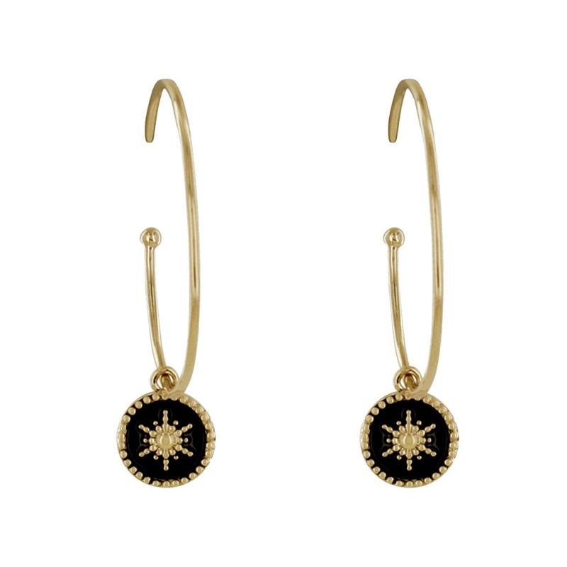 Boucles d'Oreilles Plaqué Or Demi Créoles Soleil Émail Noire