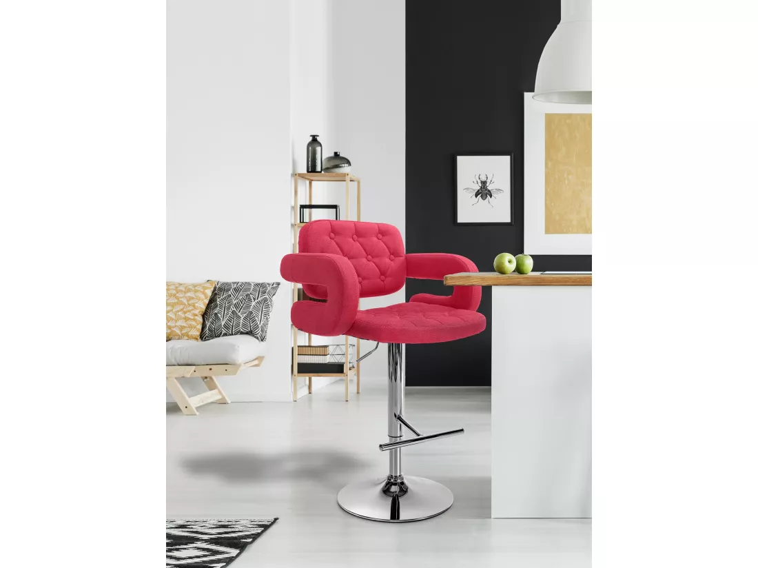 Lot de 2 Tabouret de bar - Tissu & Métal chromé - Rouge - Dublin