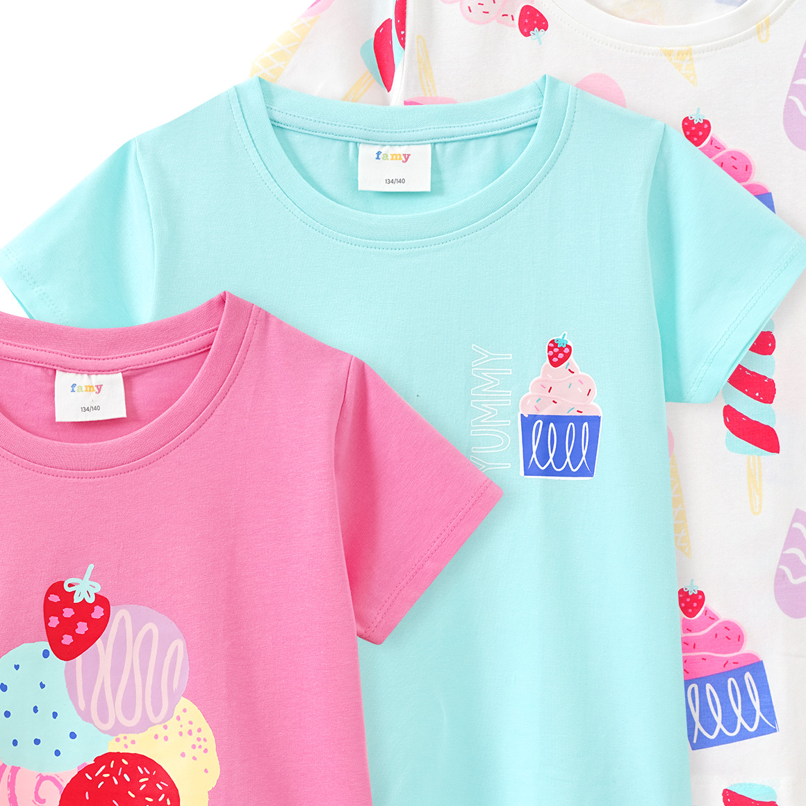 Famy 3 Mädchen T-Shirts mit bunten Motiven rosa / helltürkis / weiss