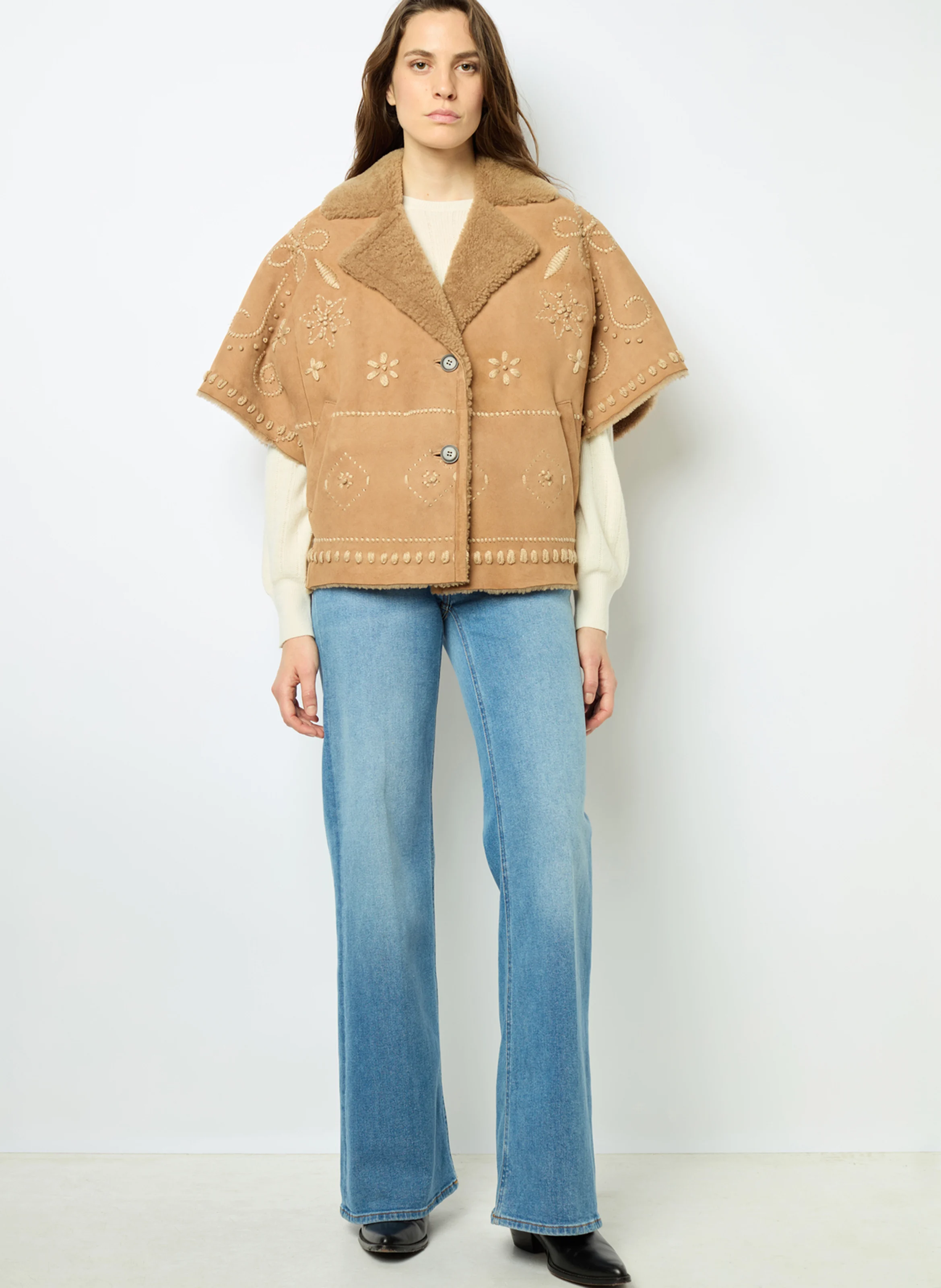 LYSIANNA - Veste oversize col tailleur en cuir | Marron
