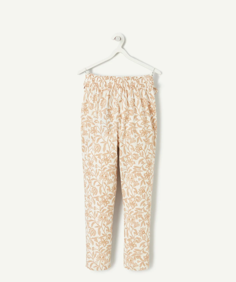 PANTALON FILLE BLANC ET IMPRIMÉ FLEURI MARRON
