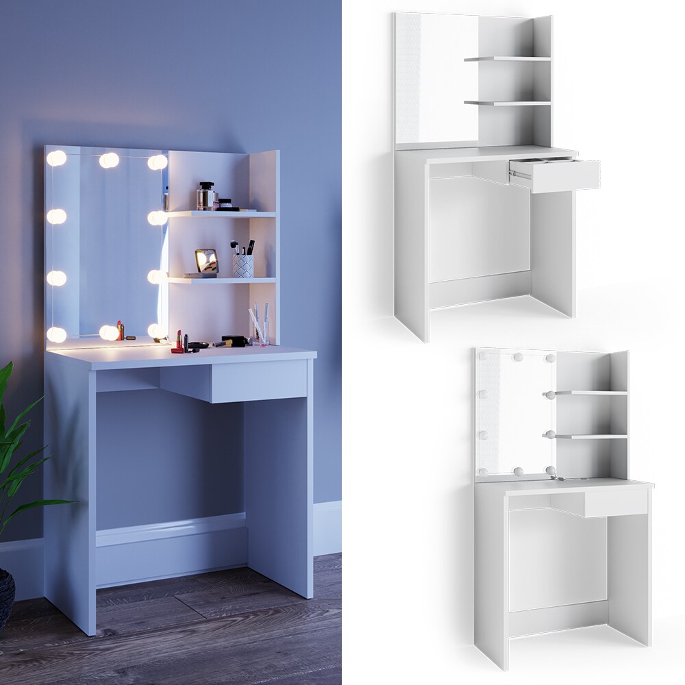 Vicco Schminktisch Dekos Kosmetiktisch Frisierkommode Frisiertisch Spiegel Weiß inklusive LED-Lichterkette