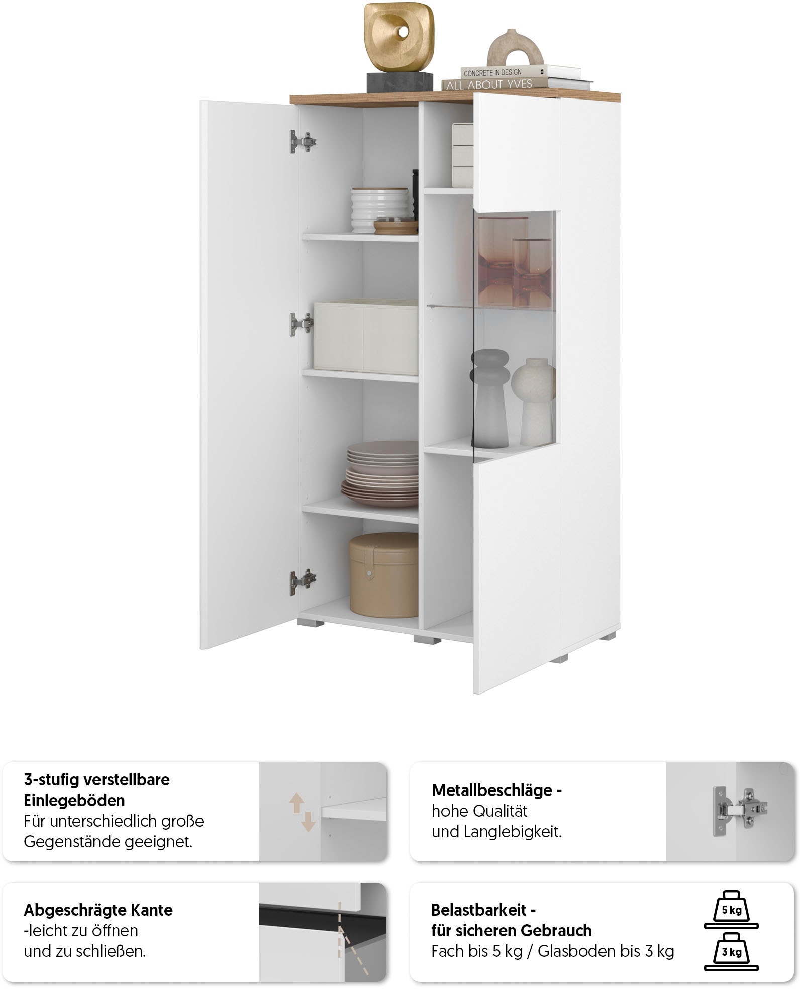 INOSIGN Vitrine »Modo, Breite 80 cm, moderner griffloser Vitrineschrank« Vitrine mit viel Stauraum, Einlegeböden verstellbar, Glastür