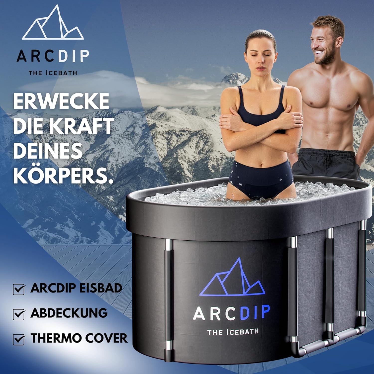 poolomio® Eisbad Oval Premium Set 120 x 60 x 60 cm | XXL Eisfass 340L für Zuhause & Outdoor | Eistonne mit Aluminiumrahmen, Isolierdeckel & Zubehör | Eiswanne für Kältetherapie & Regeneration