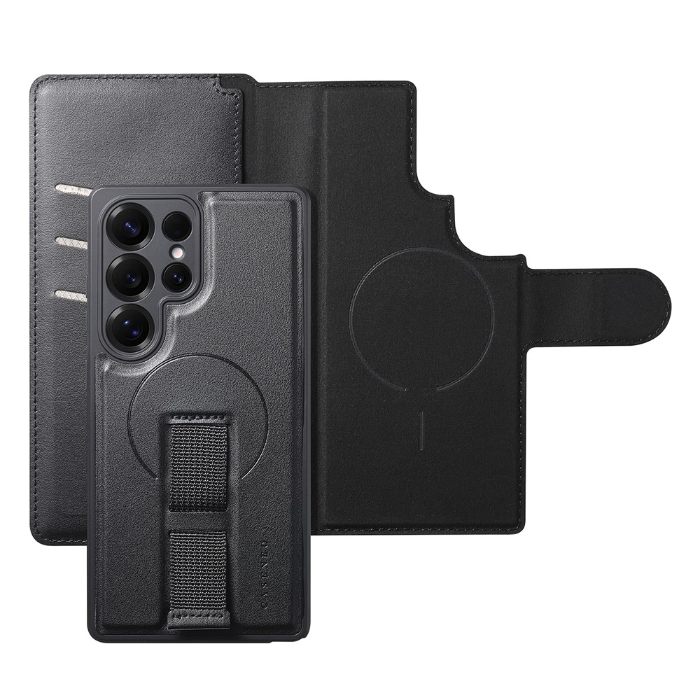 Samsung Galaxy S25 Ultra Leder Case Schutzhülle mit Finger Griff Halterung   Abnehmbare Tasche inkl. Kartenfächer MagSafe-Modul (RFID Schutz) Schwarz