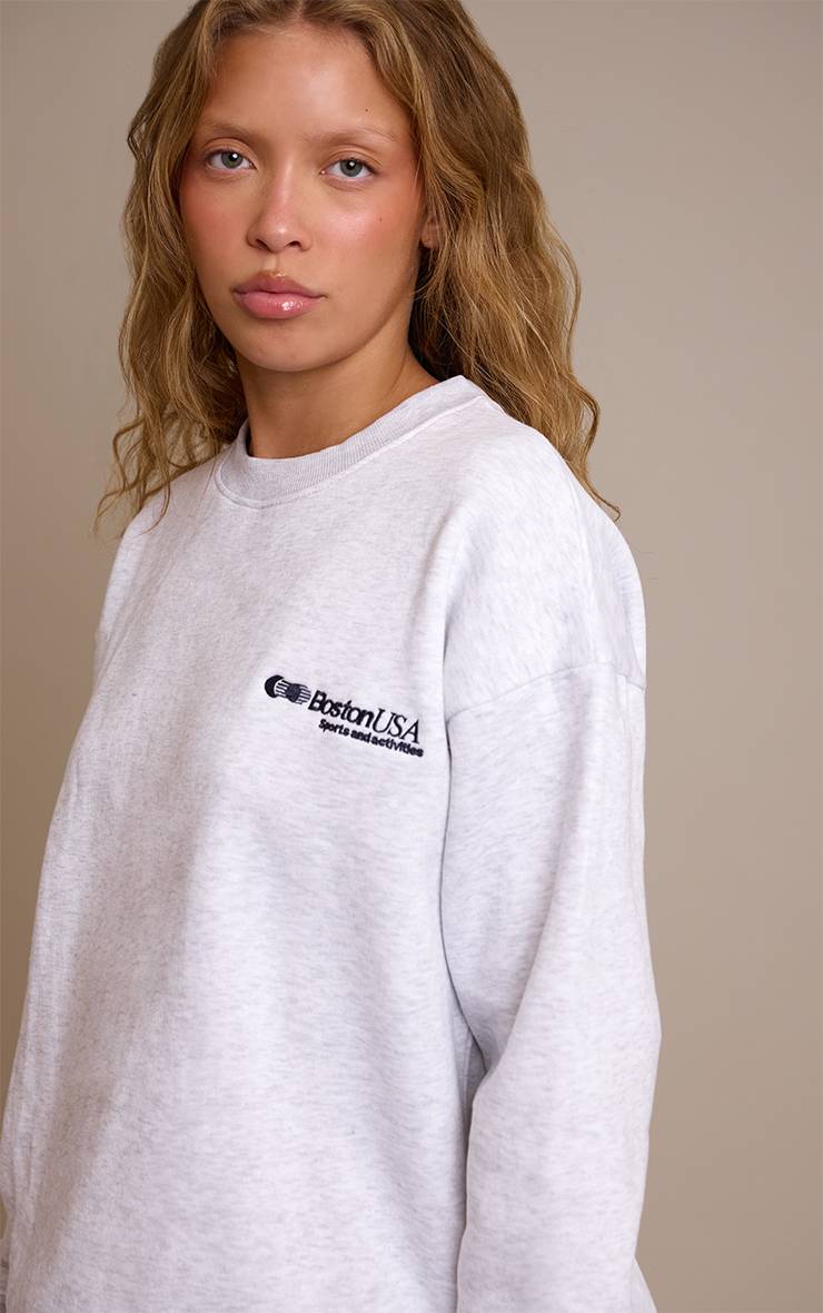 Gris Cendré Sweatshirt Oversize Crème Broderie Boston Usa