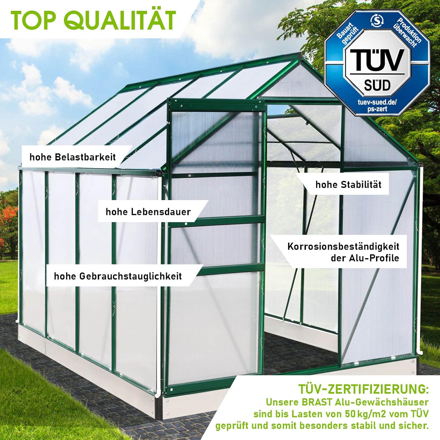 BRAST Gewächshaus Aluminium mit Fundament | 42 Modelle | 130x190x195cm - 490x250x235cm | TÜV geprüft | 6mm Hohlkammerplatten | rostfrei wetterfest temperaturbeständig | 250x190x195cm Grün