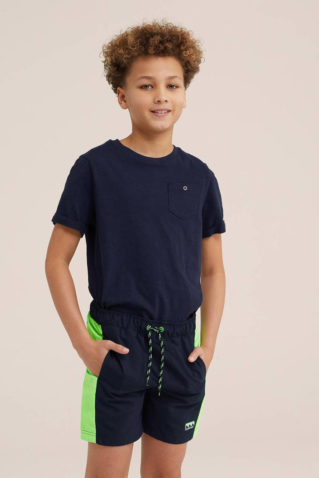 zwemshort donkerblauw/neon groen
