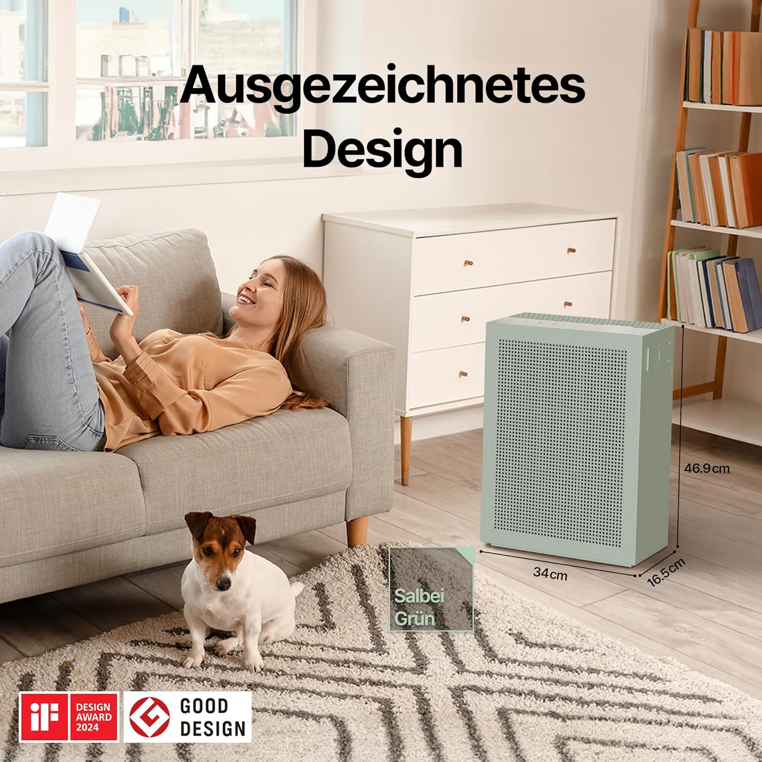 COWAY Luftreiniger Allergiker – QuietMark 20dB Schlafmodus, entfernt 99,999% der Partikel bis 0,01µm, mit ECARF-Siegel gegen Pollen, Staub & Tierhaare, kompakt & leise – Airmega 150 (Grün)