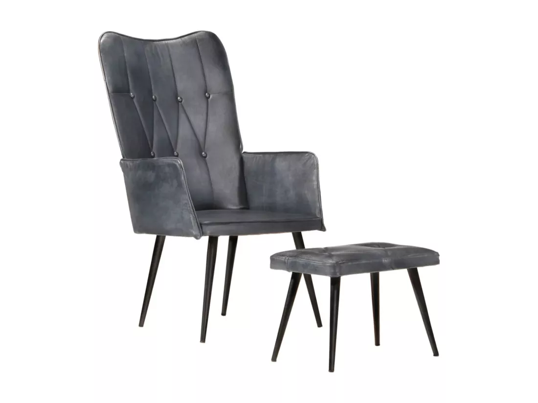 Chaise à oreilles avec repose-pied Gris Cuir véritable
