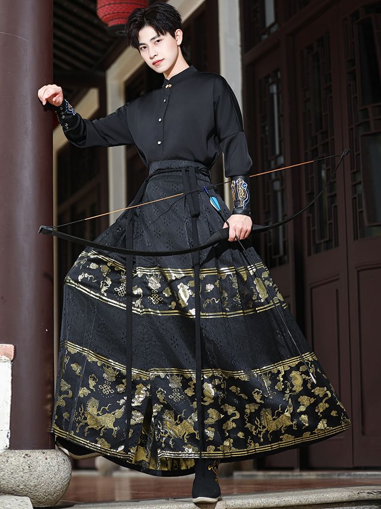 Pinocle - Lange mouwen effen Hanfu top / Hoge taille grafische print maxi ma mian rok / veterarmen / set