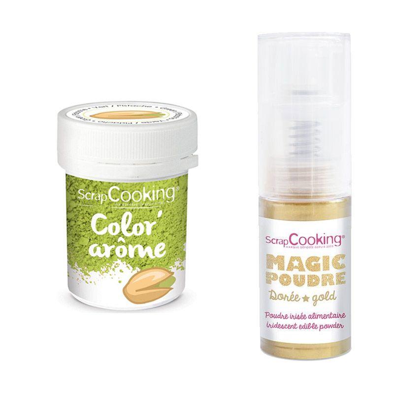 Colorant alimentaire vert arôme pistache + Poudre alimentaire irisée d