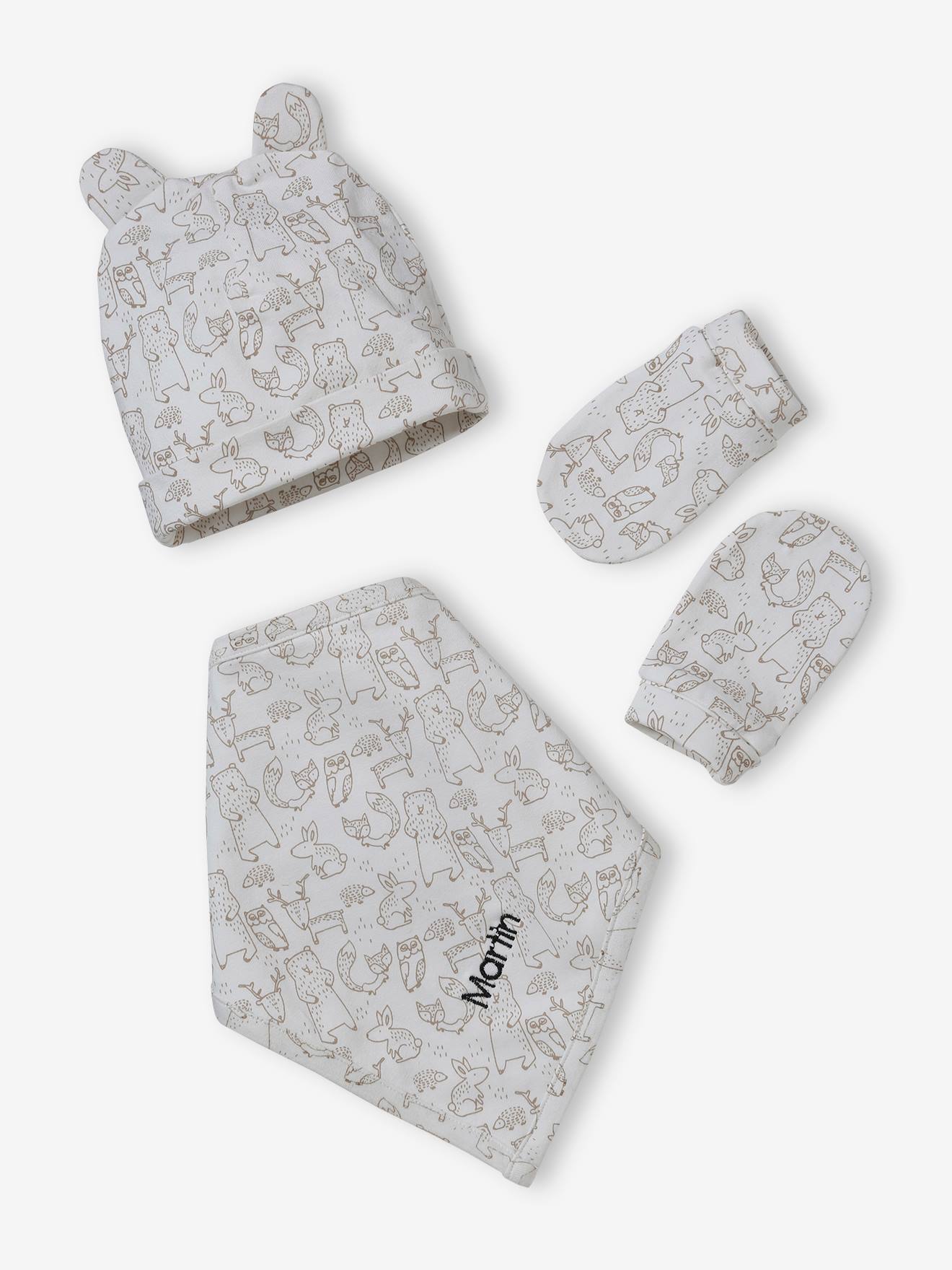 Conjunto personalizável, incluindo gorro + luvas + cachecol + bolsa de tricô estampada, para bebê marrom acinzentado