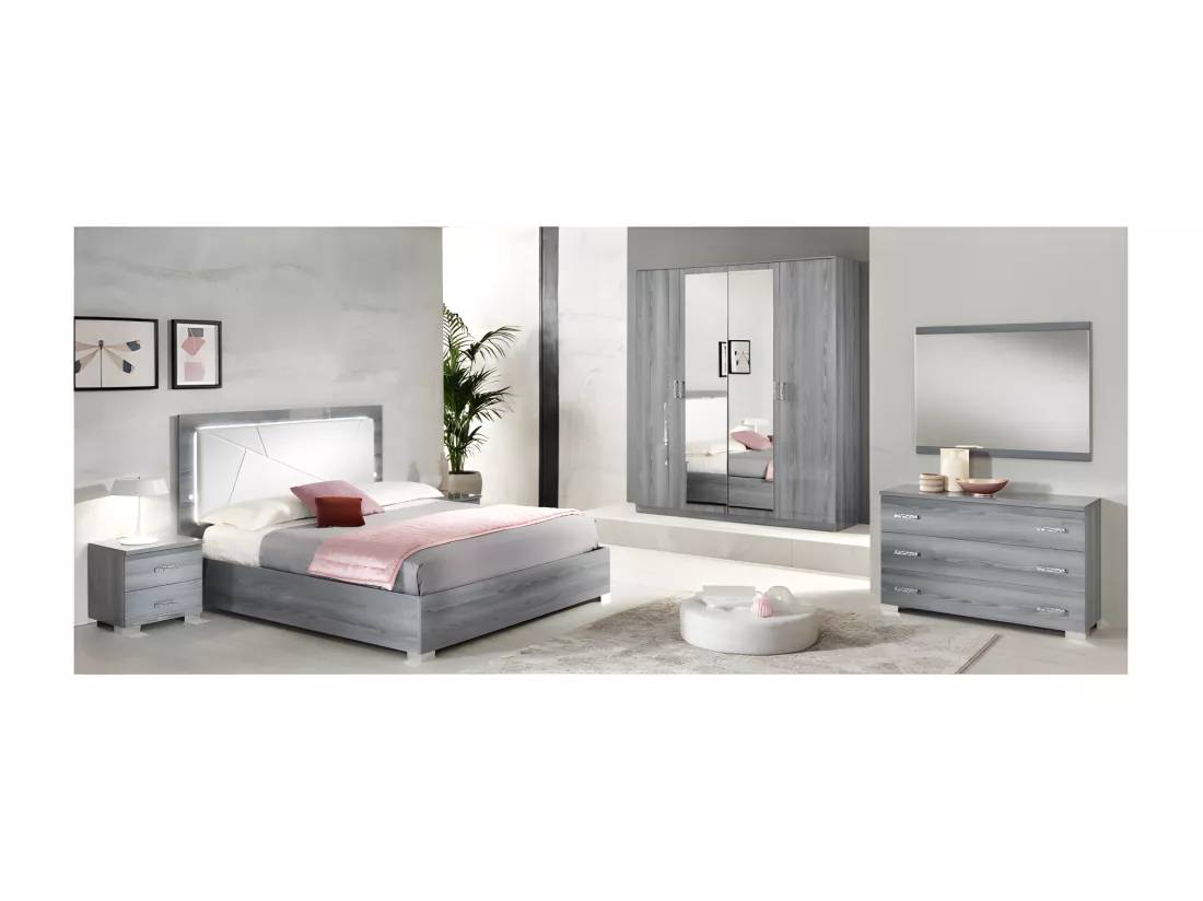 Chambre complète 160x200 gris/Simili cuir blanc à LEDs - FENY n°2