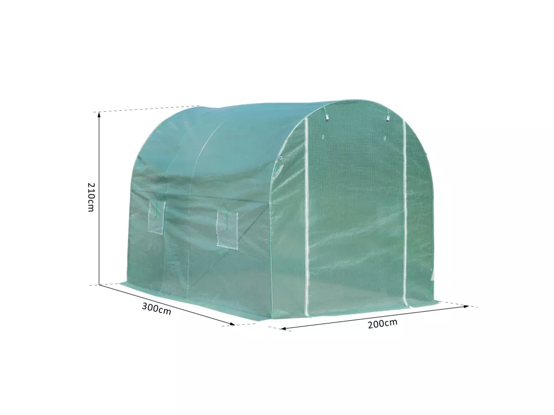Serre de jardin tunnel surface sol 6 m² 3L x 2l x 2,10H m châssis tubulaire renforcé porte zippée 4 fenêtres enroulables vert