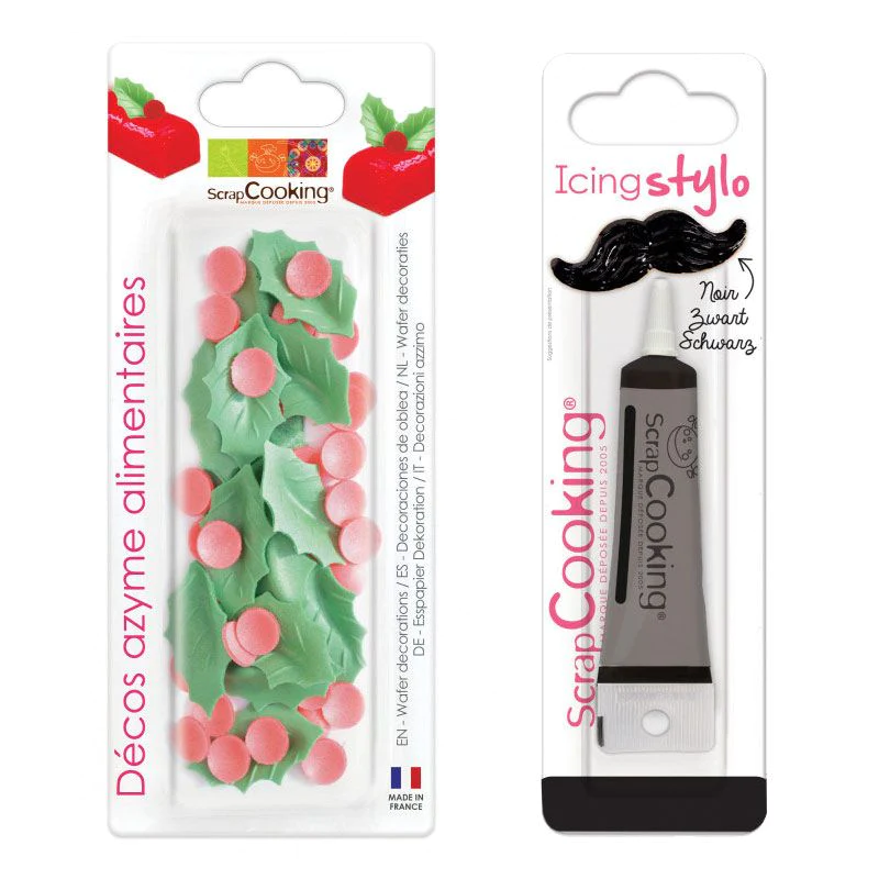 Décorations en feuille azyme Houx de Noël + Stylo de glaçage noir Scra