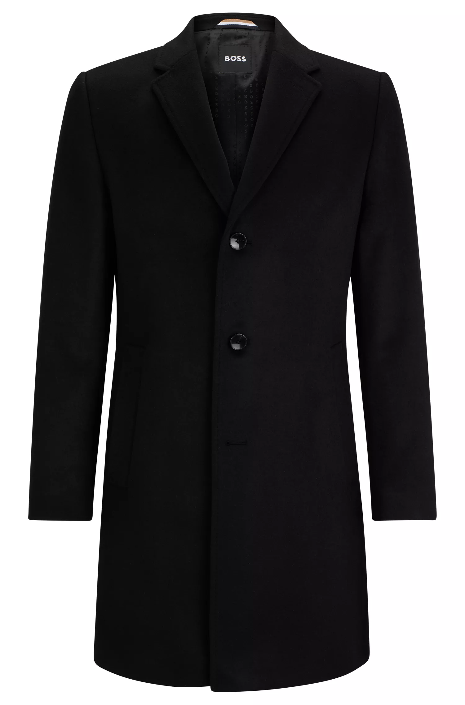 Casaco BOSS preto de corte regular em lã virgem e cashmere.