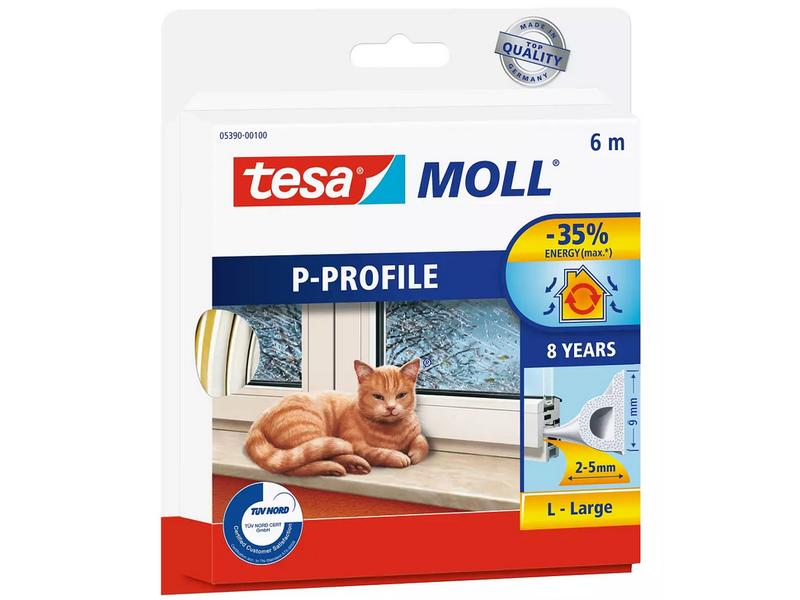 tesa Dichtungsband -Set P-Profile, 2x 10 m x 9 mm x 5.5 mm, Selbstklebende Dichtung zum Isolieren von Spalten an Fenstern und Türen, 2er-Pack