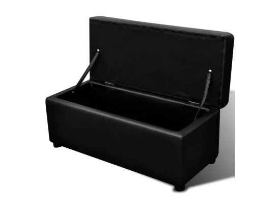 Banquette coffre avec pouf capitonné simili cuir noir Mandai - lot de 3
