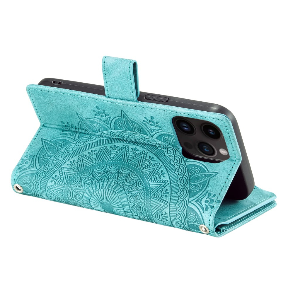 iPhone 16 Pro Max Leder Tasche Flip Cover mit Reissverschluss - Mandala Flowers Imprint - Türkis