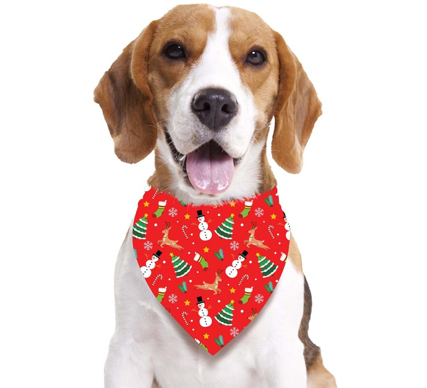 Bandana vermelha estampada com boneco de neve para cachorro, 69x35 cm