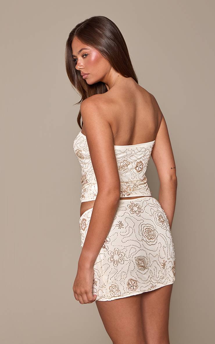 Crème Haut Bandeau Perlé En Mesh Coordonné
