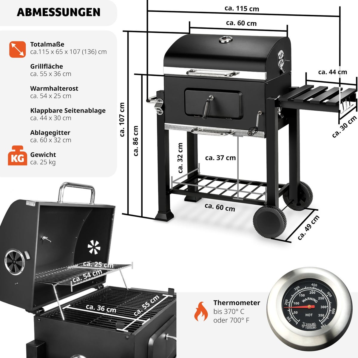 tectake Florian houtskoolgrill met 2 wielen, 115 x 65 x 107 cm