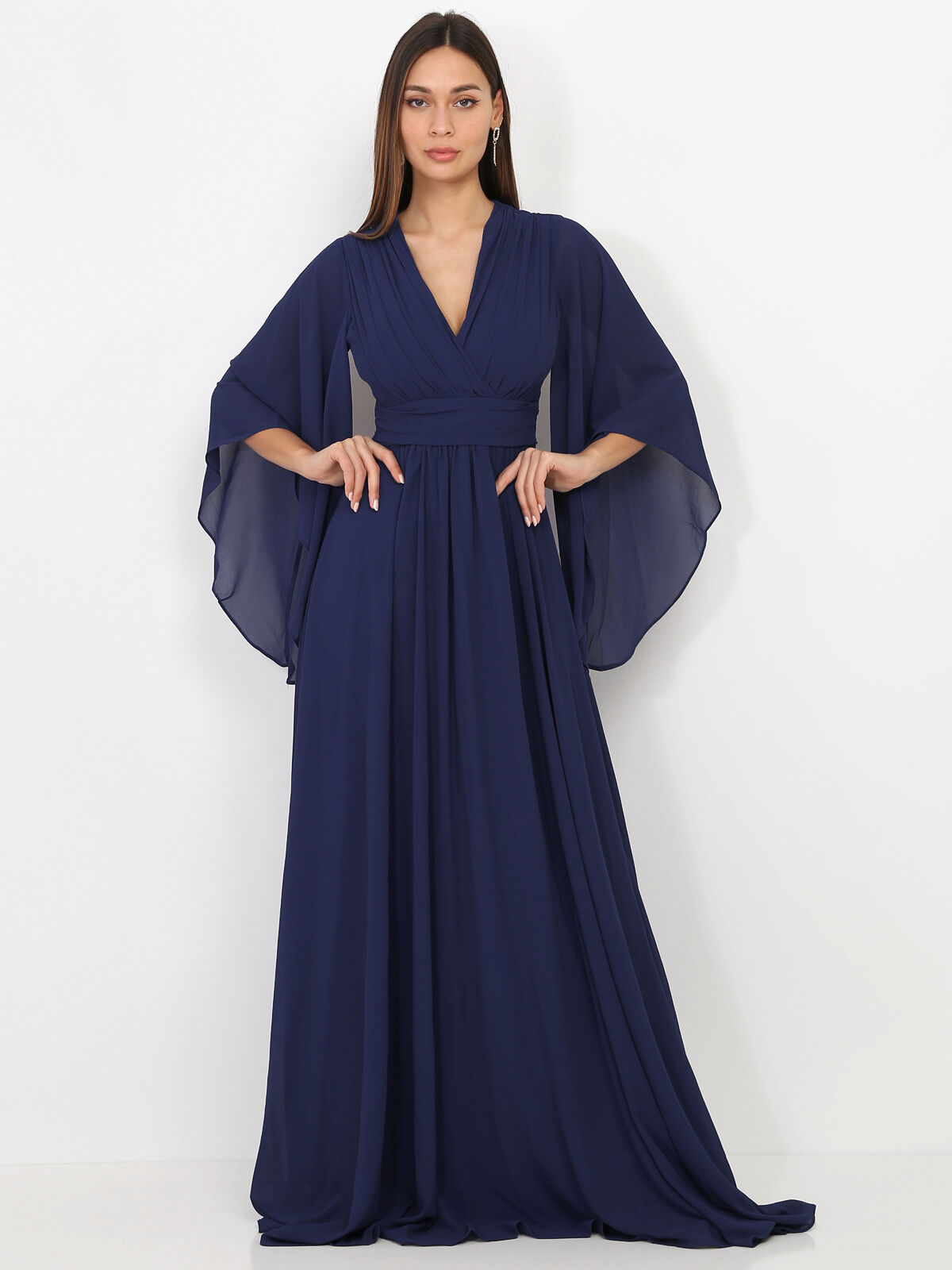 Robe longue drapée à manches volants- Bleu marine
