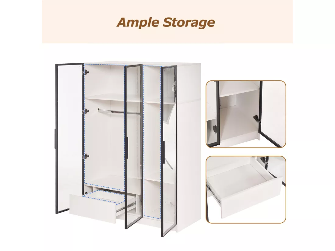 Vitrine H 160 cm avec lumière LED - 3 portes vitrées et 1 tiroir - Blanc