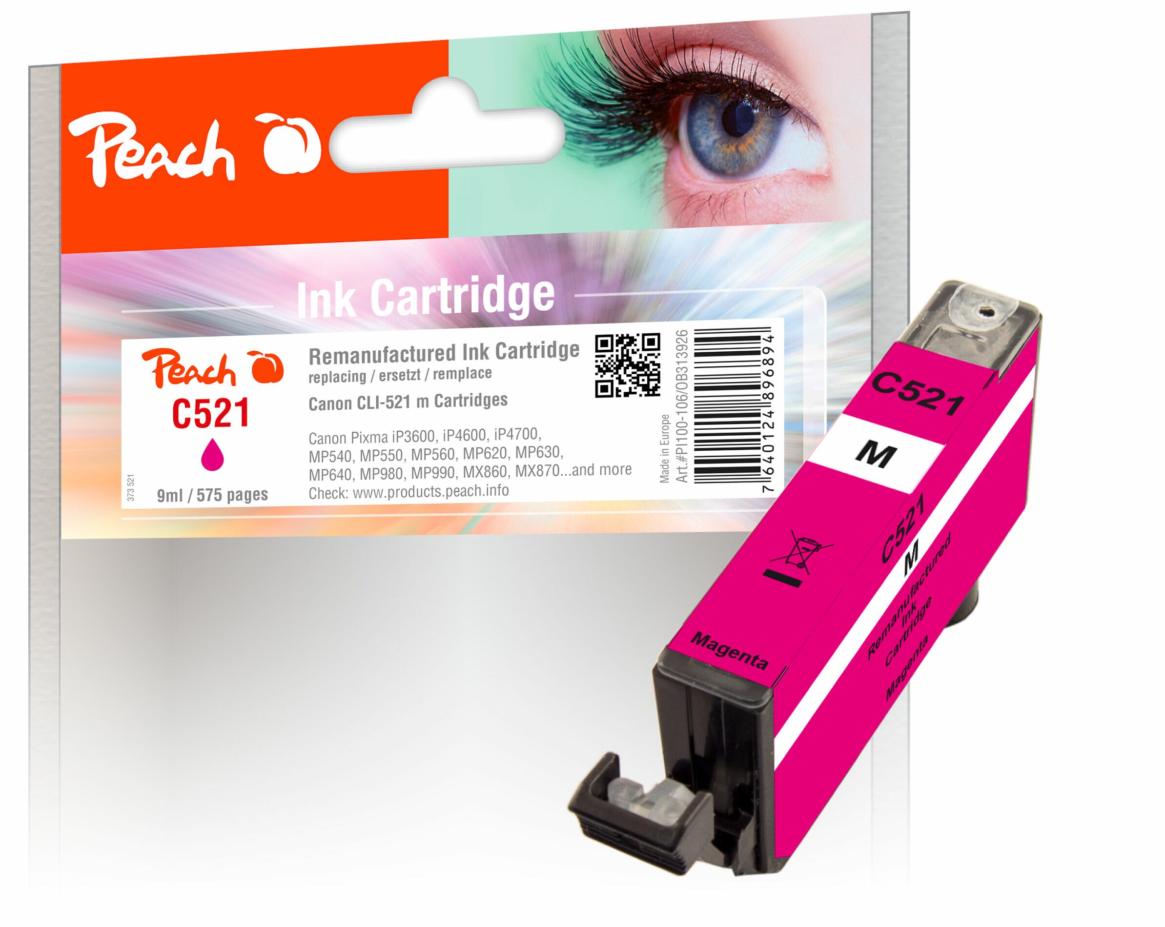 Peach C521 M Druckerpatrone XL ma ersetzt Canon CLI-521M, 2935B001 für z.B. Canon Pixma IP 3600, Canon Pixma IP 4600, Canon Pixma IP 4600 X (wiederaufbereitet)