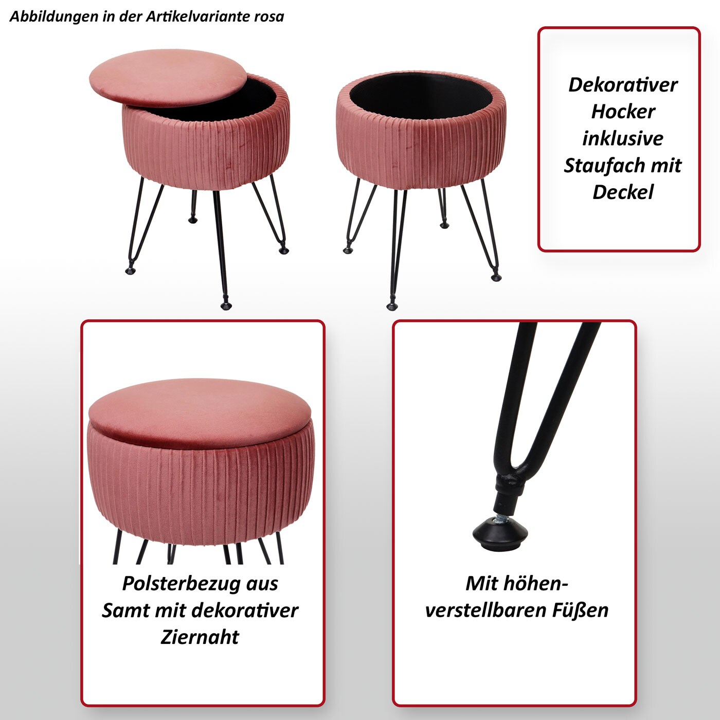 Sitzhocker MCW-K47, Hocker mit Staufach, Ø 33cm, Samt-Optik ~ grün, Gestell schwarz
