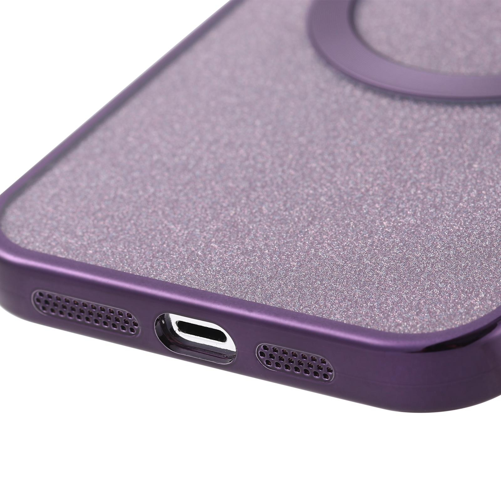 iPhone 14 Pro Max MagSafe Gummi Case Hülle mit Acryl Kameraglasschutz im Glitzer Design - Lila / Transparent