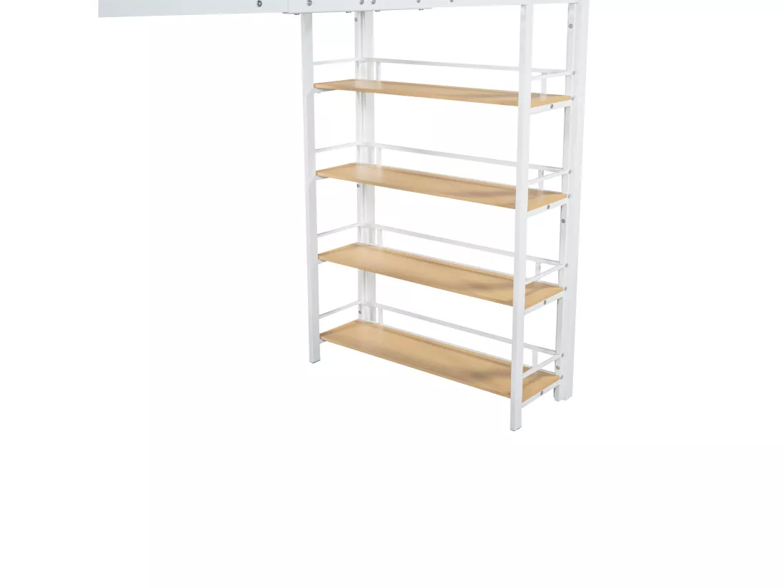 Lit mezzanine 90x200 cm - avec petite armoire et étagères de rangement - Blanc