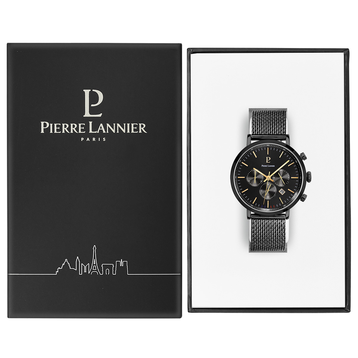 Montre Pierre Lannier homme acier noir bracelet acier noir maille milanaise