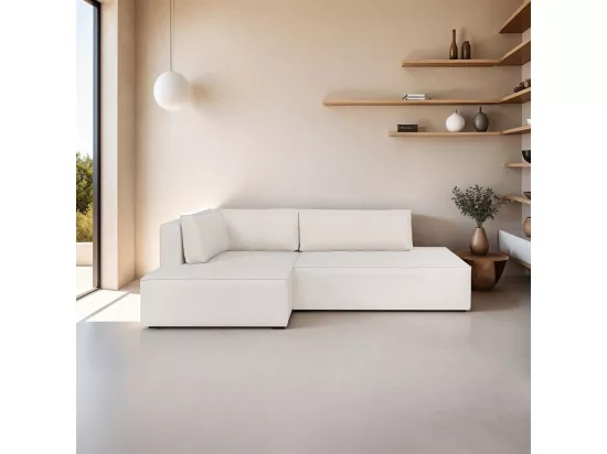 Canapé d'angle à gauche convertible 3 places avec coffre en tissu beige - Barani
