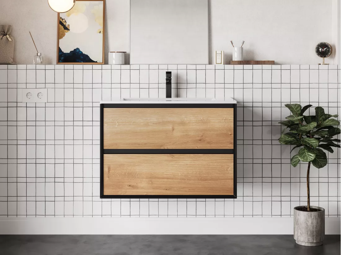 Meuble de salle de bain suspendu avec vasque à encastrer - Coloris naturel clair et noir - 80 cm - LANNICK