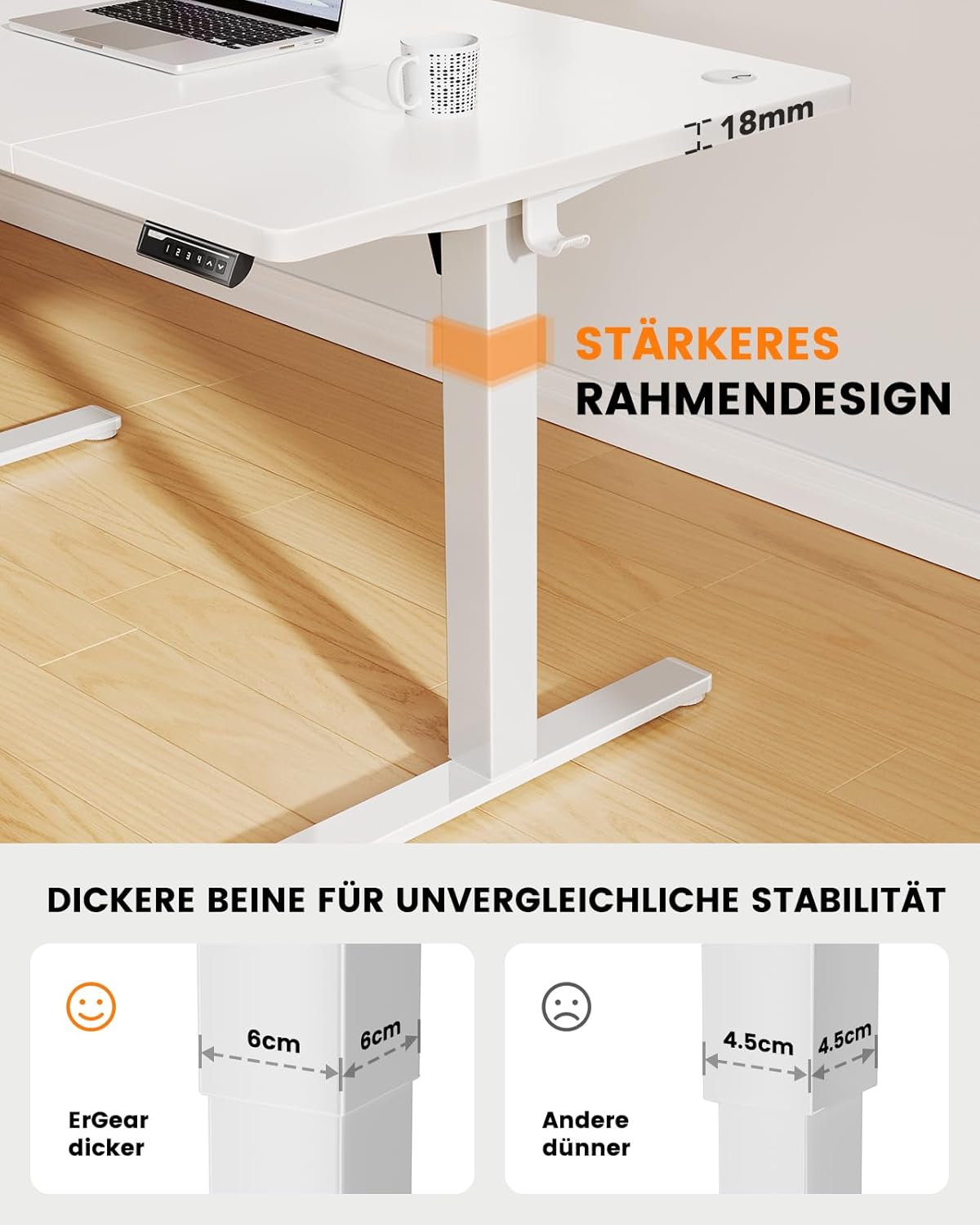 ErGear Höhenverstellbarer Schreibtisch-120 x 80cm,100 KG Tragkraft Elektrischer Schreibtisch mit Fortgeschrittenem Bürstenlosem Motor, Leise Funktion, Robuster Metallrahmen, Vierteilige Tischplatte