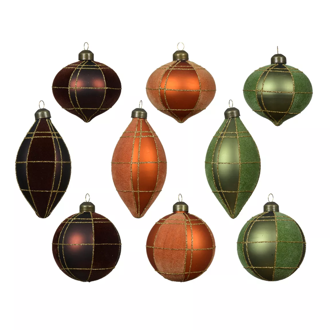 Lot de 12 suspensions de Noël en verre (D80 mm) Velours Noir truffé, Citrouille et Romarin