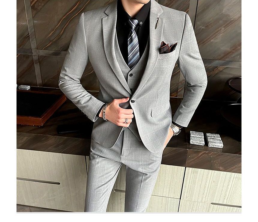 Deepwood - Set: Geruite blazer met één knoop + V-hals vest met knoopjes + pantalon