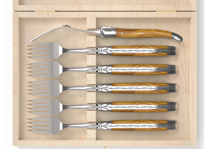 Service de 6 fourchettes Laguiole avec un manche en bois d'olivier et mitres en acier inoxydable