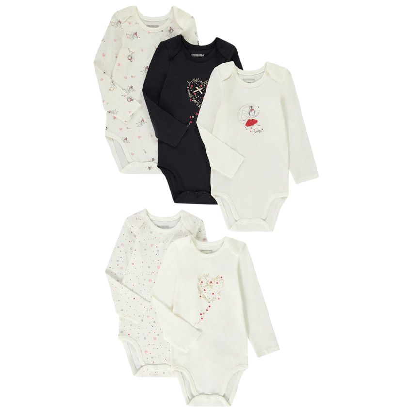 Lot de 5 bodies en jersey print fantaisie pour bébé fille - Ecru